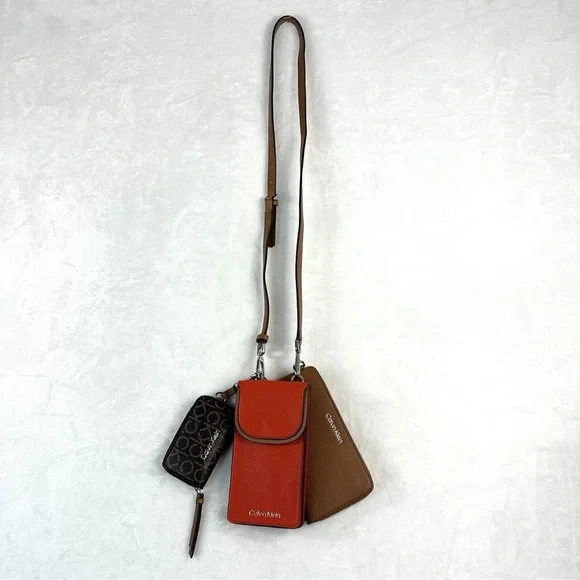 Calvin Klein Women's Bella Multi Crossbody Purse Wallet Coin Pouch Red Brown - Picture 2 of 16